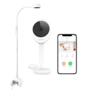 Baby camera for crib monitoring, white plastic, wireless audio and two-way talk via 2.4GHz Wi-Fi for wide coverage and stable c