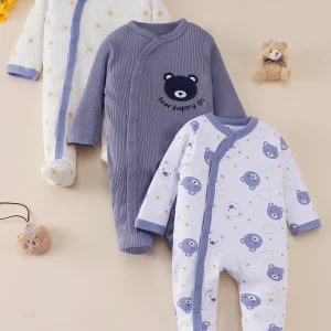 3-Piece Set Baby Boys Pure Cotton Footed Jumpsuit Cute Cartoon Long Sleeved Hoodie Newborn Crawling Suit Children's Clothing