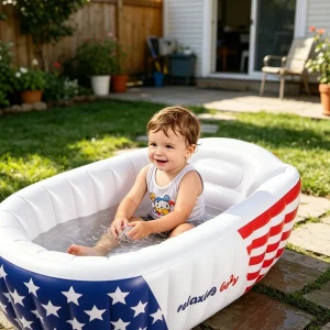 Fashion Stars Stripes Inflatable Baby Bathtub With Air Pump, Portable Blow Up Toddler Tub, Non-Slip Cushion Newborn Bath Basin, Foldable Travel Pool