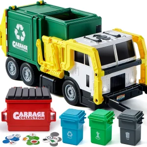 Large Friction Powered Garbage Truck Toy Set with Dumpster Trash Bins for Kids