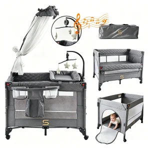 Steanny Pack N Play, All-in-one Playard with Bassinet, Pack and Play, Bedside Sleeper Foldable Travel Cribs with 4 Wheels, Changing Table, Mosquito Net, Toys Bars with Music, Unisex Playpen Combo Bassinet