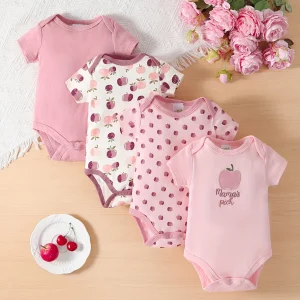 4pcs Set Of Baby Girl Short Sleeved Triangle Jumpsuit,  Apple Flower Cute Baby Girl Hoodie, Crawling Suit, Perfect for Outdoor