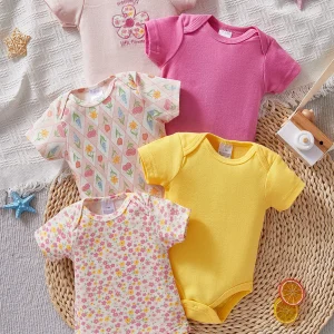 5-Piece Set Baby Girl Newborn Jumpsuit Summer Clothes Crawling Bag Fart Short Sleeved round Neck Outfit for Infants