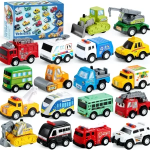 18 Pcs Pull Back City Cars and Trucks Toy Vehicles Set with Friction Powered Action (Kids Gift)